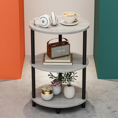 Round Pedestal End Table - 3-Tier Oval Accent Table for Small Spaces, Rustic Wood and Metal Couch Side Table, Nightstand for Bedroom or End Table Living Room, Easy to Assemble, Greige by RISWER