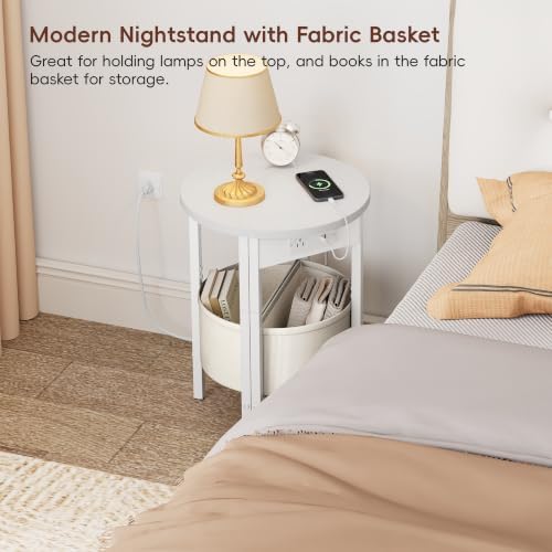 VAGUSICC Round Side Table with Charging Station, Small Round Accent End Table with Fabric Basket, Set of 2 Half Moon Tables Coffee Table, Bedside Table, Modern Nightstand for Living Room Bedroom,White - Image 6