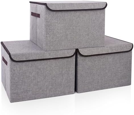 Bagnizer Large 17" 42 Quarts Collapsible Stackable Storage Bins with Lids [3-Pack] Foldable Fabric Linen Storage Boxes Cube, Closet Organizer Baskets with Label for Home (16.7 x 12 x 12, Gray) by Bagnizer