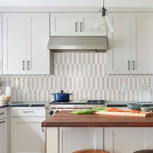 Vamos Tile Peel and Stick Backsplash Seamless Tile for Kitchen and Bathroom,1-Sheet White and Glossy Wooden Marble PVC Mixed Light Gold Self Adhesive Fish Scale Metal Mosaic Tiles - Image 5