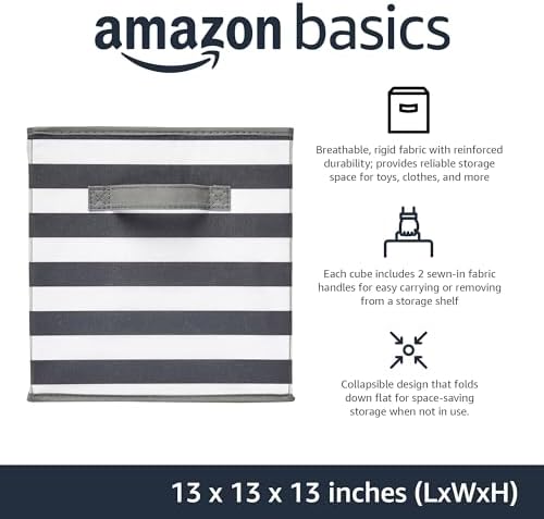 Amazon Basics Collapsible Fabric Storage Bins with Handles, Cube Organizer for Organizing, 13"x13"x13", White/Light Grey Stripe, 6-Pack - Image 2