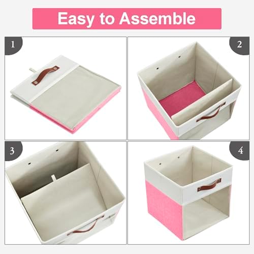Bagnizer Storage Cubes, 4 Pack Linen Foldable Storage Bins (13 x 13 inch) with Clear Window and Handles, Fabric Organizer for Shelf Closet, Clothes, Books - (Pink and White) - Image 3