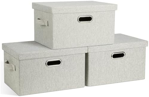 Graciadeco Medium 15" 21 Quart Collapsible Stackable Storage Bins with Lids, 3 Packs Beige Foldable Fabric Closet Boxes Heavy-duty Linen Cube Baskets Container for Bedroom Office (15 x 11 x 8) by GraciadecoStorage