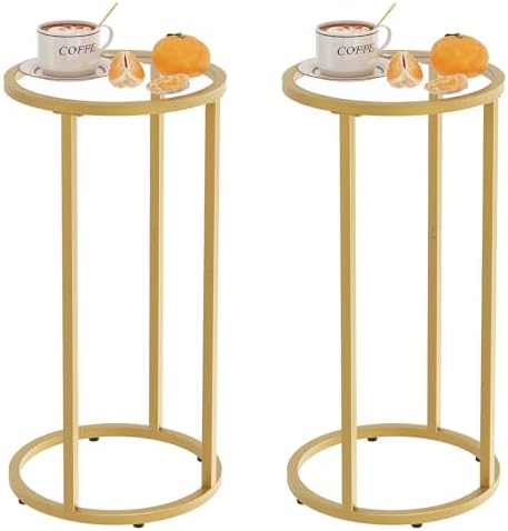Easy Paws C Table Side End Table,Glass Couch Side Tables for Living Room, Round Sofa End Table with Metal Frame, Small Snack Table for Bedroom, Small Spaces, Easy Assembly (Gold,2pcs) by Easy+Paws