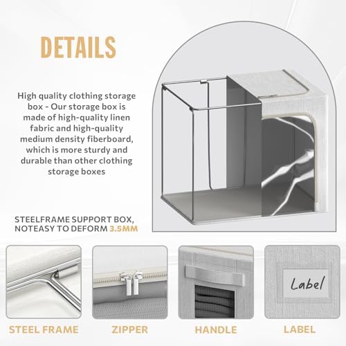 FHSQX 2 Pack Clear Window Storage Bins Large Stackable Linen Fabric Storage for Clothes Foldable Container Organizer Set with Carrying Handles (Lvory White, 19.7x 15.7x 12.6 Inch) - Image 6