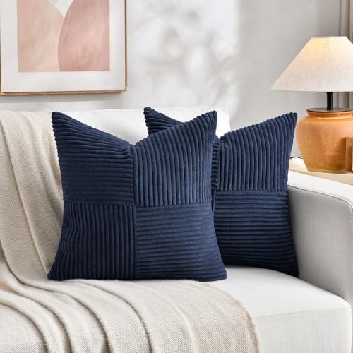 Fancy Homi 2 Packs Navy Blue Euro Decorative Throw Pillow Covers 28x28 Inch for Living Room Couch Bed, Farmhouse Boho Home Decor, Soft Corss Corduroy Patchwork Textured Square Cushion Case 71x71 cm - Image 6
