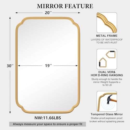 Ferytange Gold Bathroom Mirror for Wall 20" x 30" Modern Rounded Corner Rectangle Mirror with Non-Rusting Iron Metal Framed Bathroom Vanity Mirror for Over Sink Wall Decor(Horizontal/Vertical) - Image 5