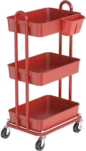 Simple Houseware 3-Tier Rolling Utility Cart with Hanging Bucket, Red - Image 6