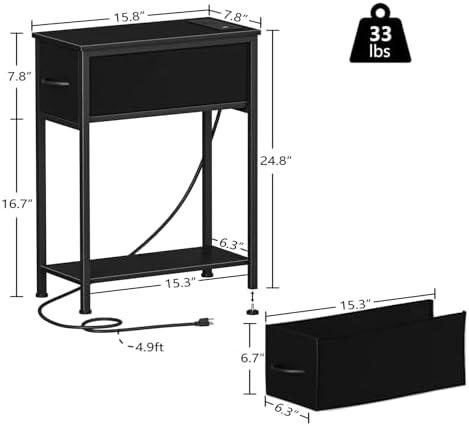 Vagusicc End Table Set of 2 with Charging Station, Small Side Table with Fabric Drawer and Bottom Storage Shelf, Narrow Nightstand Beside Table for Small Spaces, Living Room, Bedroom, Black - Image 3