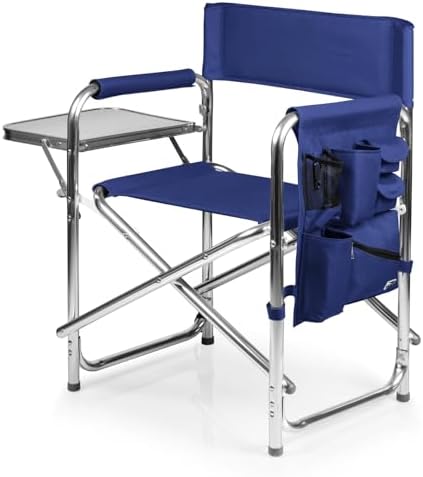 PICNIC TIME Sports Chair with Side Table and Armrest Caddy, Lightweight Aluminum Folding Outdoor Camping Chair for Adults, Portable Director Style Lawn Seating with Pockets & Carry Strap, (Navy Blue) by PicnicTimeFamilyofBrands