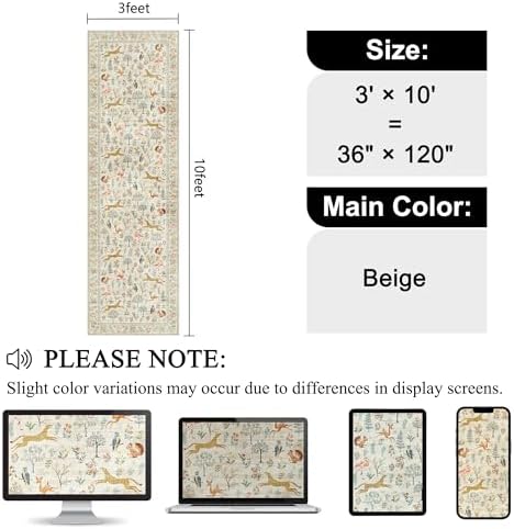 DUKINO 3x10 Washable Runner Rug, Non Slip Animal Rug for Hallway, Beige - Image 2