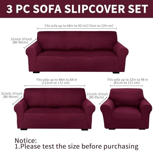 Peryiter 3 Pcs Couch and Loveseat Sofa Covers,Burgundy,Milk Silk - Image 2