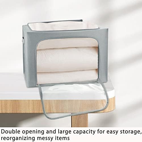 Clothes Storage Box Bins Stackable Foldable Organizer,Sturdy Handles with Metal Frame for Clothing Bedding Shelves,Closet Container with Clear Window Zipper and Label Holder (Gray, 66L x3 Pack) - Image 4