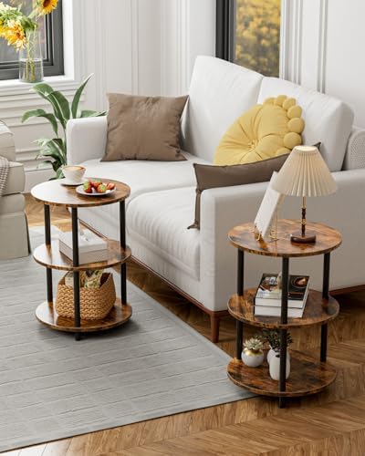 XBurmo Small Round End Table - 3 Tier Design Accent Table, Narrow Side or Bedside Stand, Industrial Vintage Nightstand for Bedroom, Living Room, or Small Spaces, Set of 2, Rustic Brown - Image 2