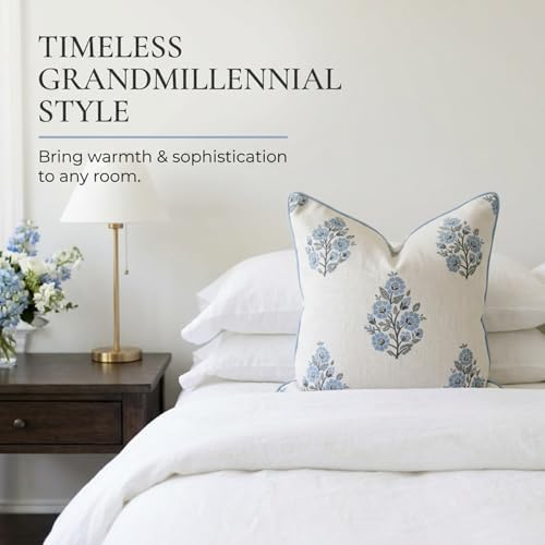 Jillien Harbor “The Camille” Decorative Pillow Cover – Blue & Whitel Floral Block Print Pillow Cover – Grandmillennial Home Decor, 24" x 24" - Image 2