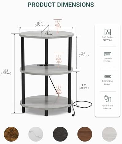 Small Round Side Table - 3-Tier Oval Accent Table for Small Spaces, Rustic Wood and Metal Nightstand for Living Room or Bedroom, Built-in USB Ports and Power Outlet, Greige - Image 2