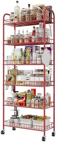 Slim Rolling Storage Cart, 6 Tier Metal Kitchen Rolling Utility Cart with Lockable Wheels for Kitchen, Bathroom, Laundry Room, Small Narrow Spaces (Red 10 Inches) by Qiaoxuan