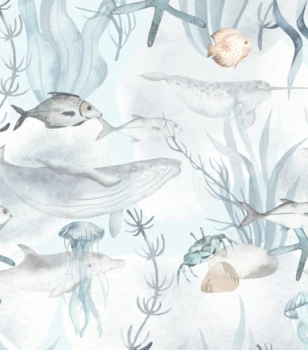 Peel and Stick Wallpaper Aqua Blue Coral Reef Marine Fish Wallcovering Coastal Wallpaper Beach Removable Contact Paper for Kids Bedroom Nursery Bathroom Accent Walls (Aqua Blue, 17.3"x118") by HomKihapaiWallpaper