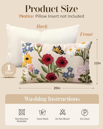 Embroidered Lumbar Pillow Cover 20x12 Inch, Retro Flower - Image 4