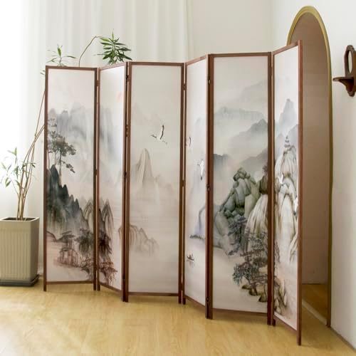 6 Panel Room Divider, 5.6 ft Tall Blackout Folding Privacy Screen - Freestanding Partition Wall with Double-Sided Patterns, Ink-wash Mountain Landscape for Home Office (67" H x 94.5" W) - Image 4
