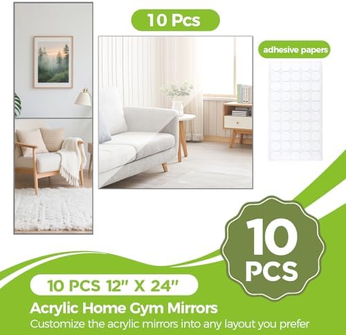 10 Pcs 12" x 24" Acrylic Self Adhesive Mirror Tiles for Wall 2mm Thick Flexible Stick Mirror Sheets Mirror for Home Gym Bedroom Ceiling Workout - Image 2