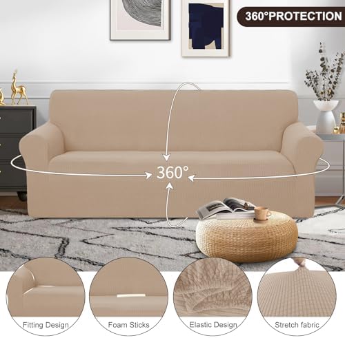 U-NICE HOME Stretch Couch Cover Sofa Covers for 3 Cushion Couch Slipcover with Elastic Bottom Furniture Protector for Dogs, Spandex Jacquard Soft Fabric (Large, Camel) - Image 3
