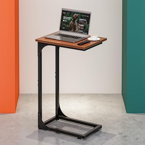 C-Shaped Side Table for Couch - Small Coffee Stand Sofa Tray Desk with Metal Frame and Waterproof Scratch Resistant, Modern End Accent for Living Room, Bedroom, Small Spaces, Rustic Walnut by RISWER