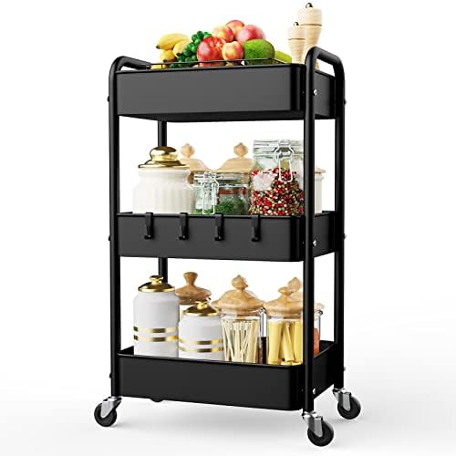 LEHOM 3 Tier Rolling Cart, Metal Rolling Utility Cart with Lockable Wheels by LEHOM