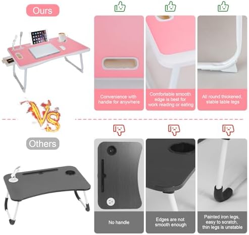 Laptop Bed Table, Laptop Desk for Bed, Foldable Laptop Bed Desk with USB Charge Port, Handle, Desktop Card Slot, Cup Slot, Side Drawer, Portable Laptop Table for Bed Eating Reading Working - Image 4