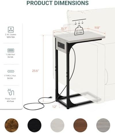C-Shaped Side Table for Couch - Small Coffee Stand Sofa Tray Desk with Metal Frame Waterproof Scratch Resistant Wood Top and Built-in Charging Station, Greige - Image 2