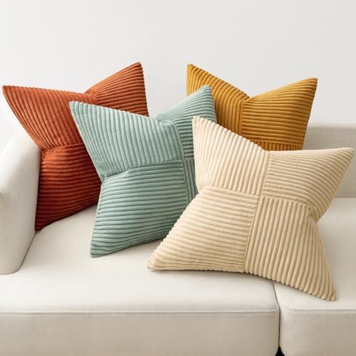 MIULEE Fall Teal-Orange Decorative Throw Pillow Covers 16x16 Inch Set of 4 Boho Corduroy Striped Cushion Cases Modern Farmhouse Patchwork Pillow Cases for Couch Sofa Bedroom Home Decor - Image 5