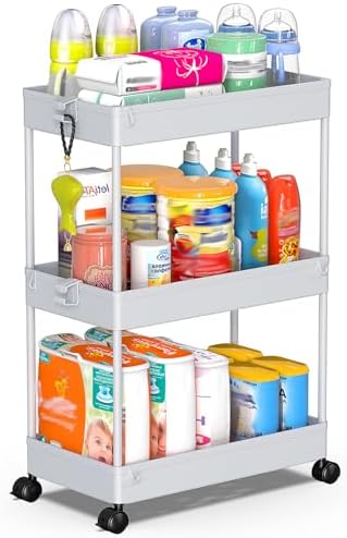 SPACEKEEPER 3 Tier Rolling Cart, Bathroom Cart Organizer with Wheels, Gray by SPACEKEEPER