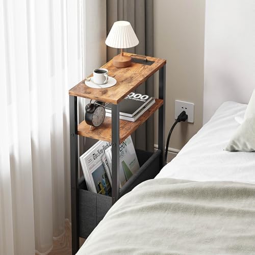 Narrow Side Table with Charging Station Slim End Table Sofa with Magazine Rack, Bedside Table for Small Spaces, 3 Tier Nightstand for Living Room Couch, Bedroom Rustic Brown LET503RE - Image 5