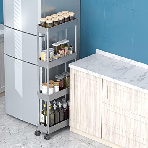 Sooyee 4 Tier Slim Storage Cart,Rolling Storage Cart,Narrow Shelf,Bathroom Rack,Mobile Shelving Unit Organizer for Kitchen, Bathroom, Laundry Room, Grey - Image 6
