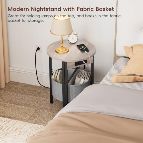 VAGUSICC Round Side Table with Charging Station, Small Round Accent End Table with Fabric Basket, Set of 2 Half Moon Tables Coffee Table, Bedside Table, Modern Nightstand for Living Room Bedroom, Grey - Image 7