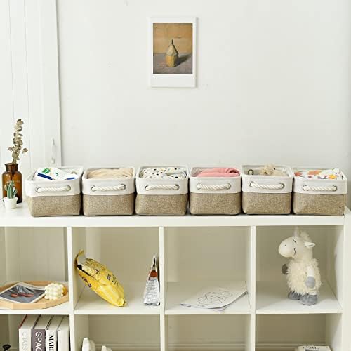 TheWarmHome Storage Basket for Shelves - 12x8x5.2 inch Small 6 Pack Collapsible Storage Bin for Closet with Handles, Fabric Storage Cubes for Cloth Organizer Gift Toy Decorative (White & Khaki) - Image 4