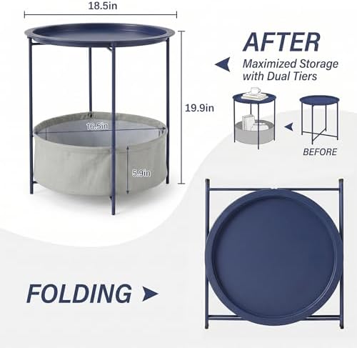 VECELO Round Side/End Table with Fabric Storage Basket，Metal Anti-Rust and Waterproof Small Bedside Nightstand with Removable Tray Top for Living Room，Balcony & Laundry，Blue /1pcs with Basket - Image 3
