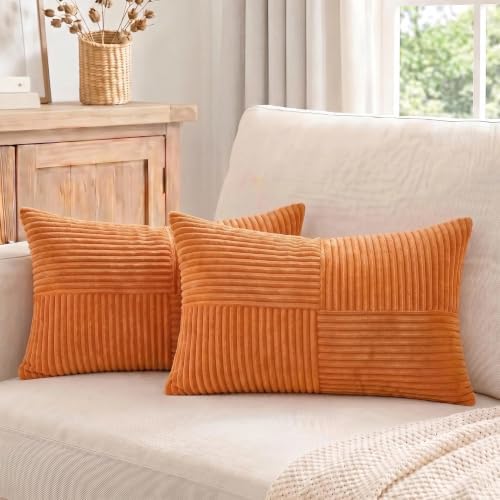 Fancy Homi 2 Packs Burnt Orange Lumbar Decorative Throw Pillow Covers 12x20 Inch for Living Room Couch Bed Sofa, Farmhouse Boho Home Decor, Soft Striped Corduroy Rectangle Accent Cushion Case 30x50 cm - Image 7