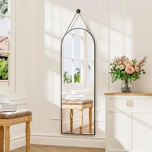 48"x16" Hanging Mirror with Leather Strap,Arched Full Length Mirror with Aluminum Frame Wall-Mounted Hanging Mirrors for Bathroom Vanity Living Room Bedroom Entryway Décor, Black - Image 2