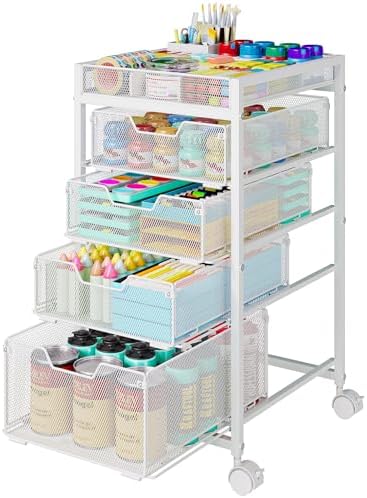 Rolling Utility Cart with 4 Drawers, Craft Organizer and Storage Carts with DIY Divider, Lockable Wheels Storage Organizer for Art Supplies, Store for Brushes & Paints & Artifacts, White by Hayexiha