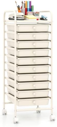 10-Drawer Rolling Storage Cart, Trolley w/Lockable 360° Wheels, 10 Removable PP Drawers, Sturdy Metal Frame, Rolling Utility Cart Perfect for Home, Office, Classroom (Ivory) by BUYNOW