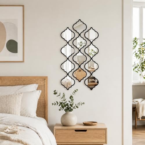 12PCS Moroccan Style Acrylic Wall Mirror Panels, Self-Adhesive Decorative Mirror Tiles for Bathroom, Living Room, Entryway Accent Wall, Lightweight Shatterproof Home Wall Decor (Black) - Image 5