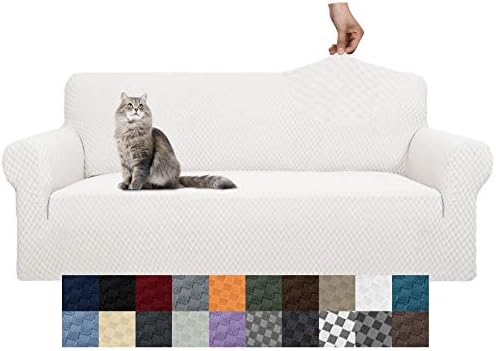 YEMYHOM Couch Cover Latest Jacquard Design High Stretch Sofa Covers for 3 Cushion Couch, Pet Dog Cat Proof Slipcover Non Slip Magic Elastic Furniture Protector (Large, White) by YEMYHOM