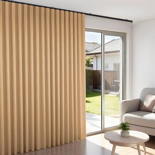 Room Divider Blackout Curtains Flexible Sliding Tracks Sets Ceiling Mounted Rod Window Curtain Privacy Separation for Bedroom Living Rooms,1 Panel Khaki Drape and Black Track Set-W72xH84 in - Image 2