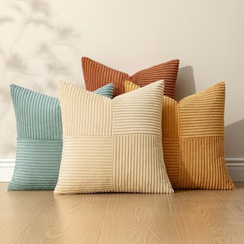 MIULEE Fall Boho Farmhouse Decorative Throw Pillow Covers 20x20 Inch 4 Packs Soft Vintage Pillow Cases Modern Corduroy Patchwork Cushion Covers for Couch Sofa Bed Home Decor, Teal-Rust - Image 5