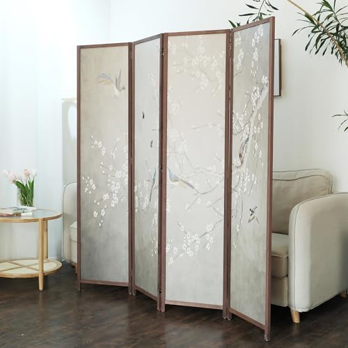 Furnnylane 4 Panel Room Divider, 5.6 ft Tall Double-Sided Blackout Folding Privacy Screen – Freestanding Wall Partition with Plums and Birds Scenery for Home Office, Easy Setup (67" H x 63" W) - Image 4