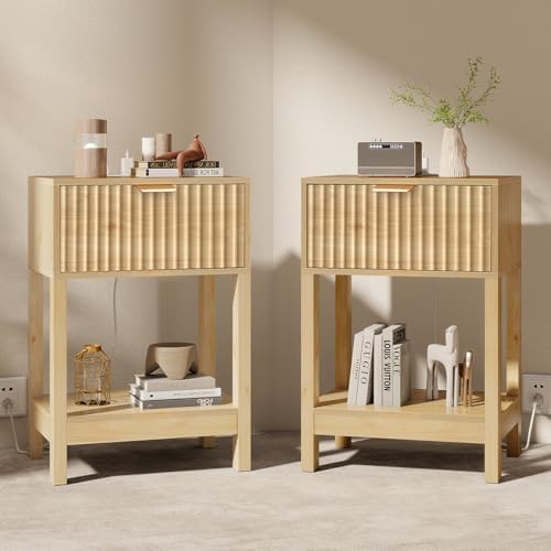 Nasonet Night Stand Set 2, Fluted Nightstand with Charging Station, Wood Bedside Table with Drawer & Storage Shelf, Modern End Tables for Bedroom Sofa Couch Office, Natural Oak by Nasonet