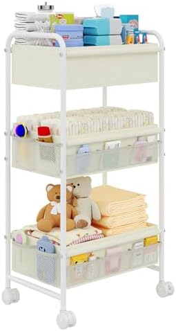 3-Tier Baby Diaper Caddy Cart Organizer,Mobile Nursery Storage Carts with Wheels,With 2 Dividers&14 Mesh Pockets Durable Metal Utility Cart for Nursery, Bedroom, Bathroom, Baby Essentials Organization by Cidaziya