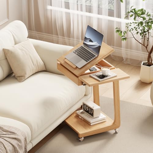 Solid Wood C Shaped End Table for Couch, Oak Couch Desk by Unknown