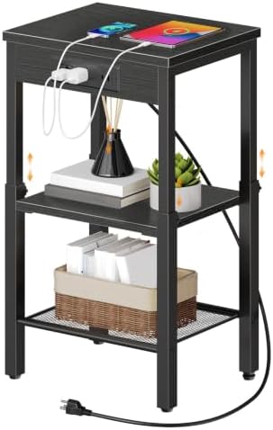 HOOBRO End Table with Charging Station, Adjustable Height Small Side Table by HOOBRO